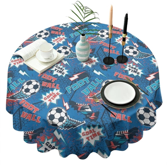 Blue Soccer Elements Pattern Round Tablecloth 60"x60",Wrinkle Wipeable Table Cloth for Kitchen Dining Room Picnic Patio Party