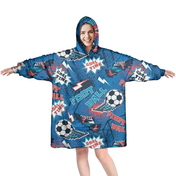 Blue Soccer Elements Pattern Wearable Oversized Blanket,Wearable Blanket Hoodie for Adults,Cozy Hooded Blankets with Super Pockets,Super Warm Fuzzy Pullover for Women & Men