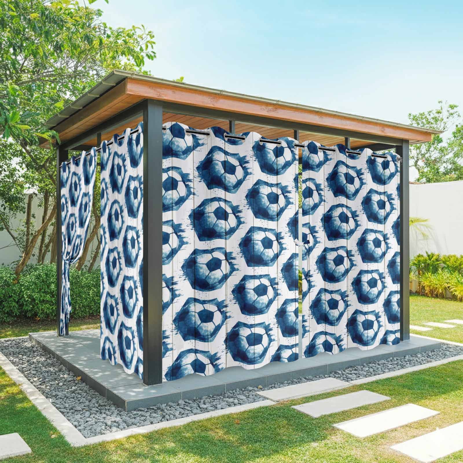 Blue Soccer Outdoor Curtains for Patio, Modern Coastal Football Match Sport White Wood Grain Sunshade Privacy Drapes Grommet Waterproof Outside Curtains for Porch/Cabana/Balcony 54"x 108", 1 Panel