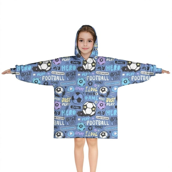 Blue Soccer Themed Pattern Blanket Hoodies for Kids 6-13YR Oversize Wearable Blanket Hoodies for Boys Girls Teens