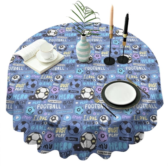 Blue Soccer Themed Pattern Round Tablecloth 60"x60",Wrinkle Wipeable Table Cloth for Kitchen Dining Room Picnic Patio Party