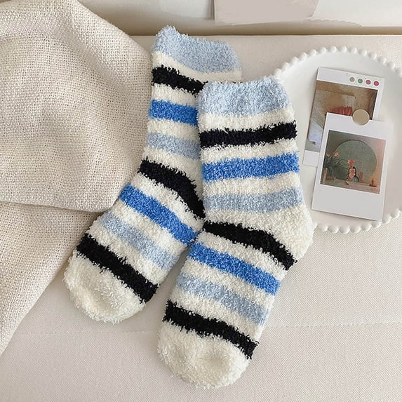 Blue Socks Womens Winter Stripe Socks Autumn and Winter Mid Tube Socks Coral Fleece Thickened Warm Stockings