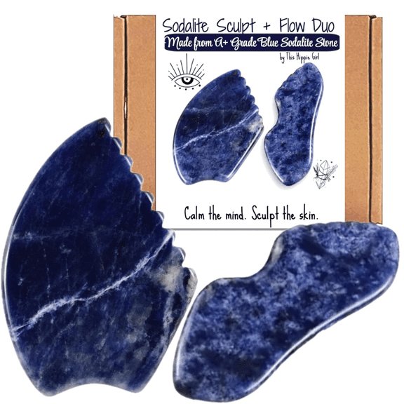 Blue Sodalite Gua Sha Set Sculpt + Flow Facial & Neck Massage Tools for Lymphatic Drainage, De-Puffing & Jawline Contouring, Set of 2 Blue Sodalite Stone by This Hippie Girl