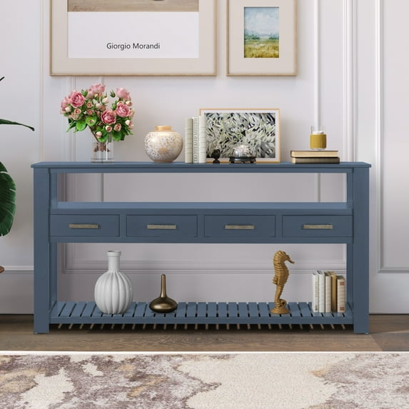 Blue Sofa Side Table, Atumon Storage Console Table, Modern Entryway Table, Wood Buffet Sideboard, Console Table with 4 Drawers and 2 Shelves, Console Table for Entryway Hallway Living Room