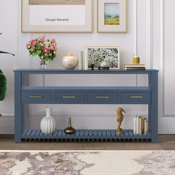 Blue Sofa Side Table, Atumon Storage Console Table, Modern Entryway Table, Wood Buffet Sideboard, Console Table with 4 Drawers and 2 Shelves, Console Table for Entryway Hallway Living Room