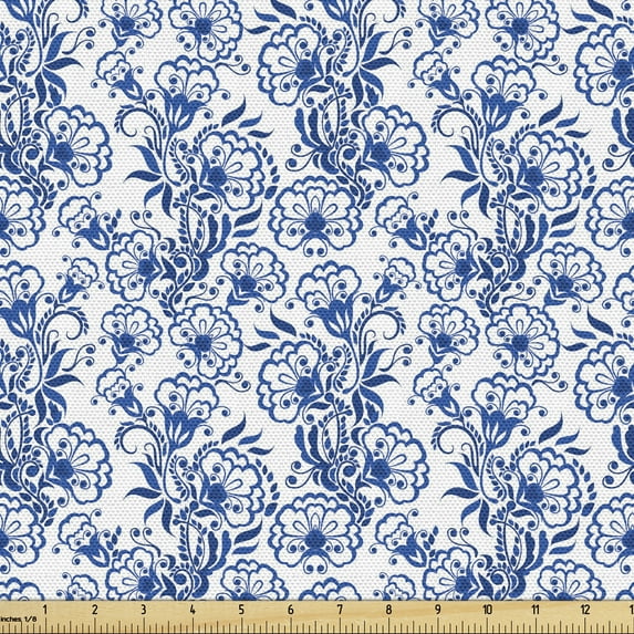 Ambesonne Blue Fabric by the Yard Upholstery, Russian Gzhel Style Flora, 10 Yards, Cobalt Blue White