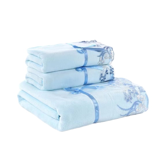 Blue Soft Embroidered Bath Towel Set, Highly Absorbent Cotton Towel, Lace Side 3 Piece Towel For Bathroom, Spa, And Gift Use 13.7X9.8X1.96In 0.97Lb