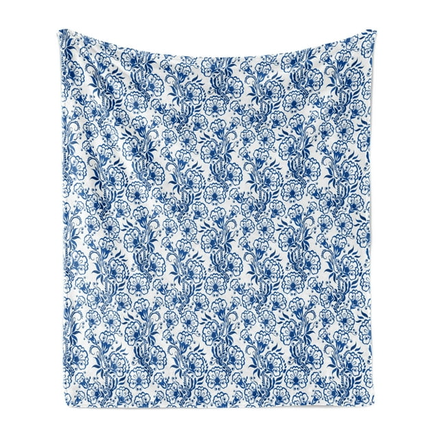 Blue Soft Flannel Fleece Blanket, Delicate Spring Season Themed Floral Pattern in Traditional Russian Gzhel Style, Cozy Plush for Indoor and Outdoor Use, 60" x 80", Cobalt Blue White, by Ambesonne