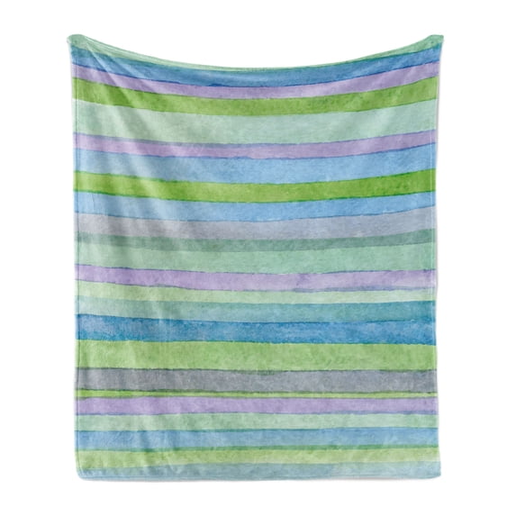 Blue Soft Flannel Fleece Blanket, Hand Drawn Style Watercolor Striped Pattern Soft Colors Acrylic Paint Artwork, Cozy Plush for Indoor and Outdoor Use, 50" x 70", Blue Green Violet, by Ambesonne