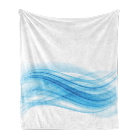Blue Soft Flannel Fleece Blanket, Smooth Wavy Lines Stream Flow Abstract Bend Blurred Techno Computer Drawing Image, Cozy Plush for Indoor and Outdoor Use, 60" x 80", Blue and White, by Ambesonne