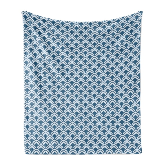 Blue Soft Flannel Fleece Throw Blanket, Abstract Chinese Pattern with White Repetitive Shapes Traditional Tile Symmetrical, Cozy Plush for Indoor and Outdoor Use, 70" x 90", Blue White, by Ambesonne