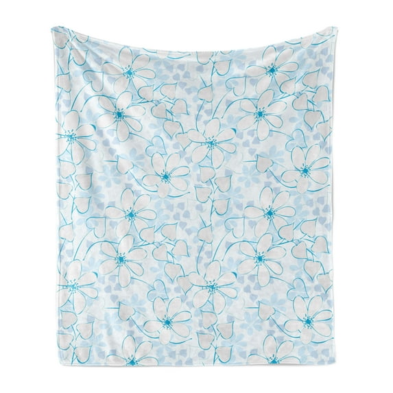 Blue Soft Flannel Fleece Throw Blanket, Abstract Flowers with Heart Shaped Leaves Romantic Fresh Beauty in Nature, Cozy Plush for Indoor and Outdoor Use, 70" x 90", Pale Blue Aqua White, by Ambesonne