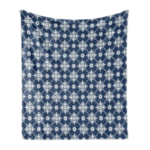 Blue Soft Flannel Fleece Throw Blanket, Checkered Pattern with Abstract Spring Blossoms Folkloric Holland Cultural Pattern, Cozy Plush for Indoor and Outdoor Use, 60" x 80", Blue White, by Ambesonne