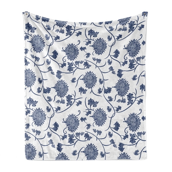 Blue Soft Flannel Fleece Throw Blanket, Chinese Floral Garden Pattern Nature Inspirations with Traditional Ornament Design, Cozy Plush for Indoor and Outdoor Use, 60" x 80", Blue White, by Ambesonne