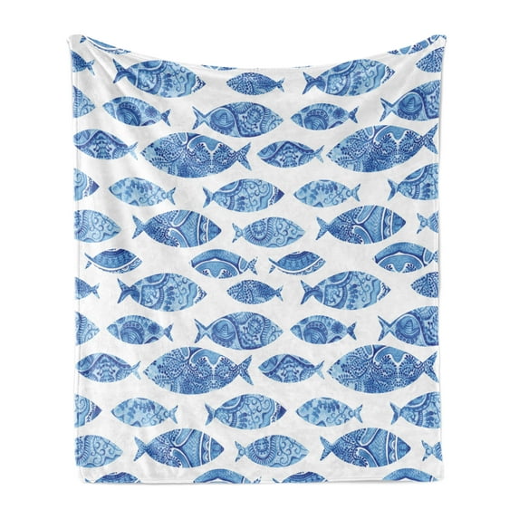 Blue Soft Flannel Fleece Throw Blanket, Fish Sea Animal with Ottoman Ornate Mosaic Hand Drawn Style Marine Artwork, Cozy Plush for Indoor and Outdoor Use, 50" x 70", Blue, by Ambesonne