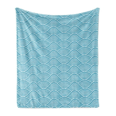 Blue Soft Flannel Fleece Throw Blanket, Ocean Inspired Waves Pattern with Japanese Influences Nautical Maritime Aquatic, Cozy Plush for Indoor and Outdoor Use, 50" x 60", Sky Blue White, by Ambesonne