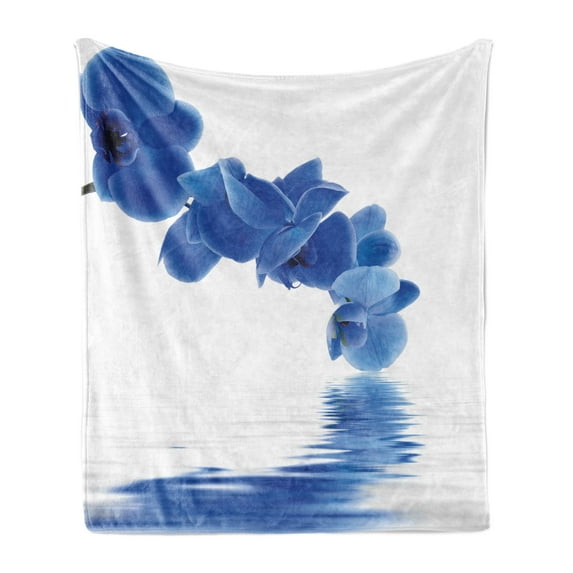 Blue Soft Flannel Fleece Throw Blanket, Orchid Corsage Composition with Reflection in Water Desgin Bridal Garden, Cozy Plush for Indoor and Outdoor Use, 60" x 80", Violet Blue White, by Ambesonne