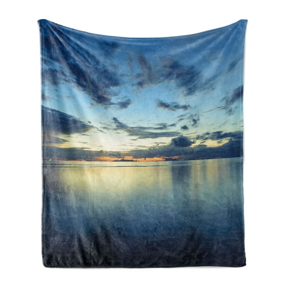Blue Soft Flannel Fleece Throw Blanket, Photo of Dramatic Dusk Sunset Scenery over Calm Peaceful Tropic Azure Water Lagoon Ocean, Cozy Plush for Indoor and Outdoor Use, 60" x 80", Blue, by Ambesonne