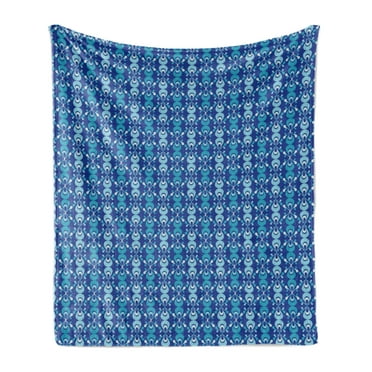 Blue Soft Flannel Fleece Throw Blanket, Scribble Style Pattern with Ikat Inspired Folk Motifs, Cozy Plush for Indoor and Outdoor Use, 70" x 90", Turquoise Pale Blue, by Ambesonne