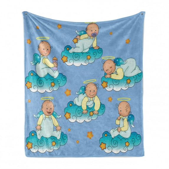 Blue Soft Flannel Fleece Throw Blanket, Sitting Sleeping Crawling Smiling Babies on Clouds Children Artwork, Cozy Plush for Indoor and Outdoor Use, 70" x 90", Turquoise Yellow, by Ambesonne