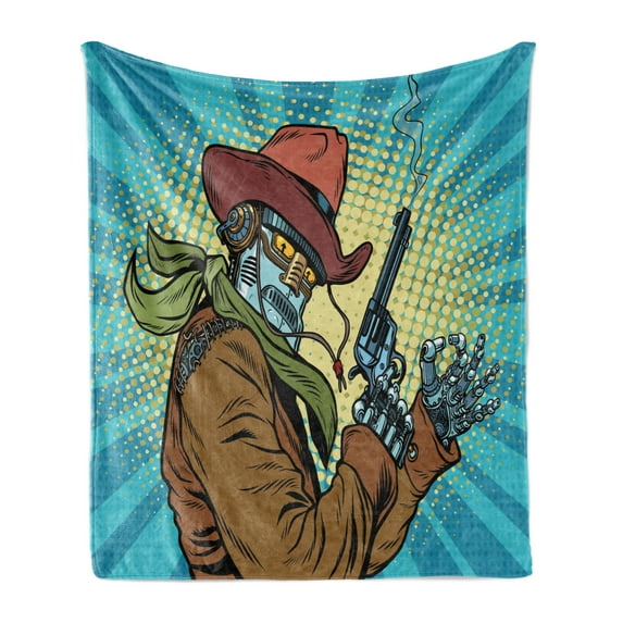 Blue Soft Flannel Fleece Throw Blanket, Steampunk and Western Style Robot Cowboy Makes OK Gesture Illustration, Cozy Plush for Indoor and Outdoor Use, 50" x 60", Petrol Blue and Brown, by Ambesonne