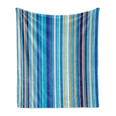 Blue Soft Flannel Fleece Throw Blanket, Vertical Stripes Repeating Retro Revival Pattern Funky Abstract Composition, Cozy Plush for Indoor and Outdoor Use, 60" x 80", Mustard Blue White, by Ambesonne