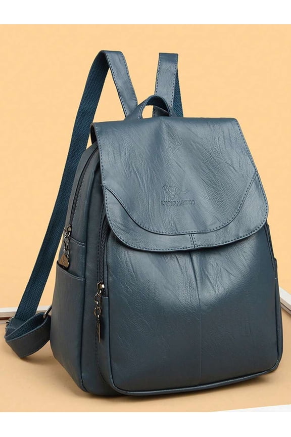 Blue Soft PU Leather Flap Front Fashion Backpack With Chain Detail