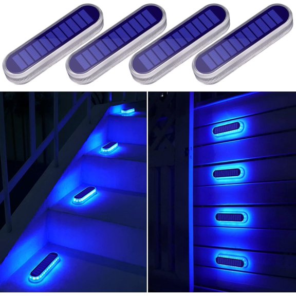 Blue Solar Dock Deck Lights Solar Outdoor , Stick Lights for Step Stairs Driveway (4 Pack)