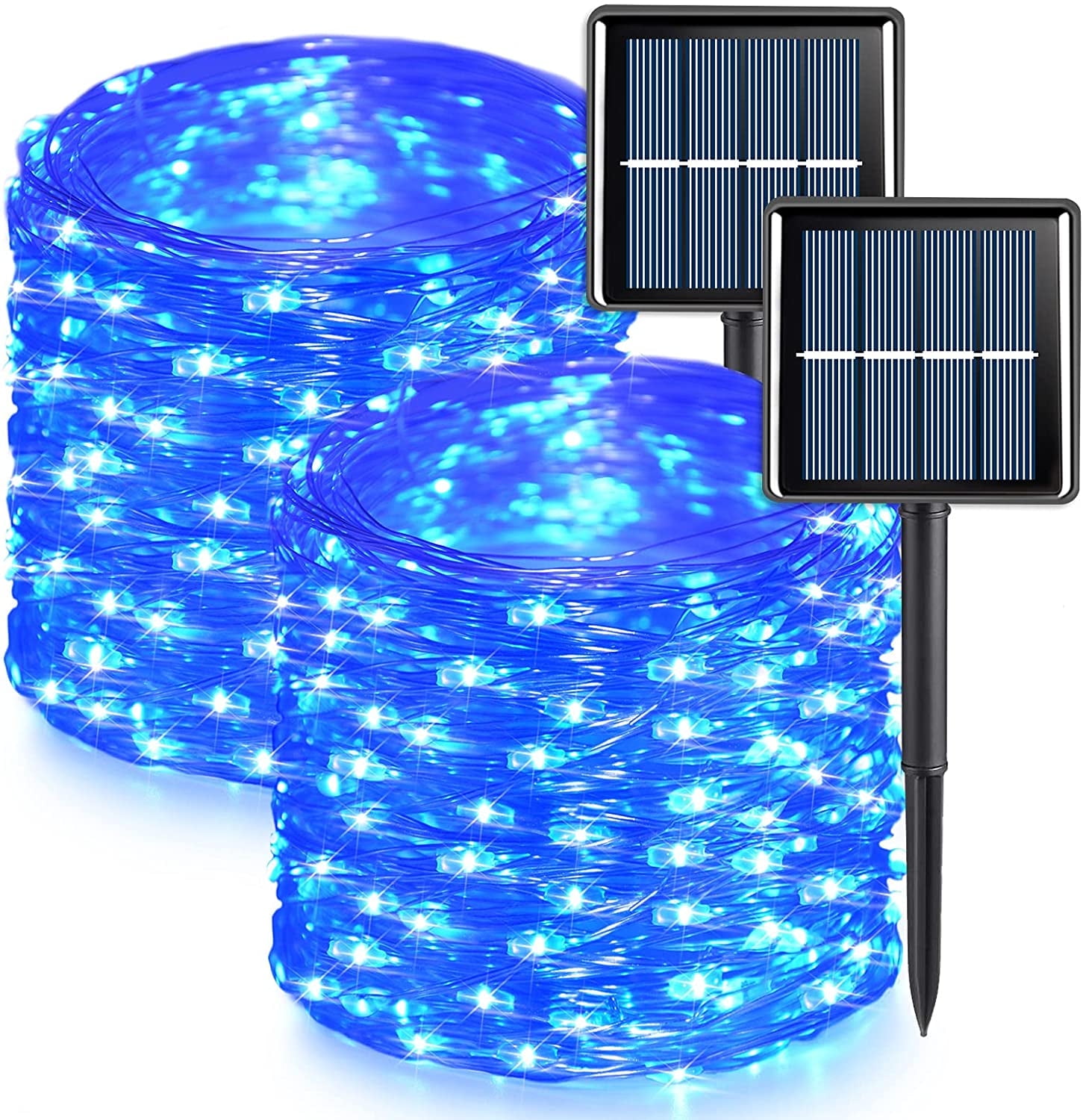 Blue Solar Fairy Lights Outdoor Waterproof, 2 Pack Each 33ft 100 LED Solar String Lights, 8 Modes Silver Wire Solar Twinkle Lights for Halloween Christmas Patio Garden