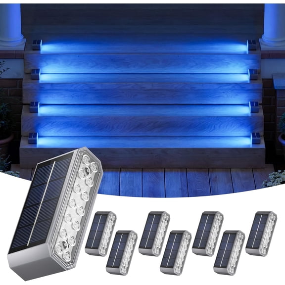 Blue Solar Step Lights for Pool, Deck, Dock & Stairs, 8 Pack Cool Blue Outdoor Lighting - Auto On/Off, IP67 Waterproof