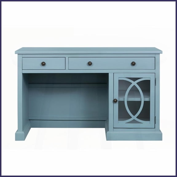 Blue Solid Acacia Wood Desk with 2 Drawers & Half-Circle Glass Cabinet, Organized Storage & Durable Workspace