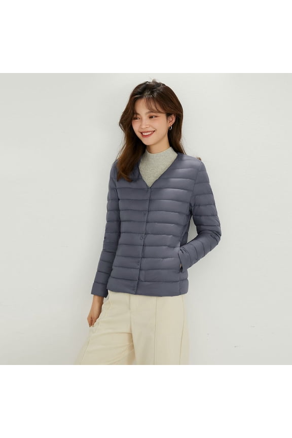 Blue Solid Color Jackets, Polyester Light Weight Short Down Jacket, Women's Packable Ultra Light Weight Short Down Jacket, XL