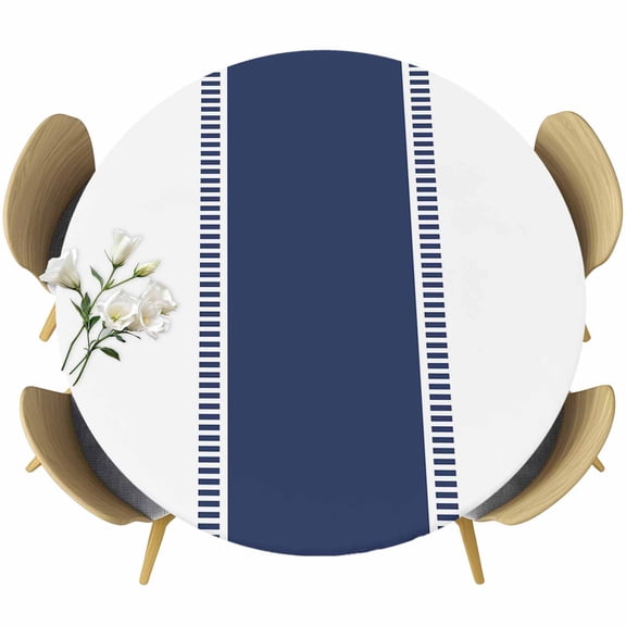 Blue Solid Color Texture Table Cloth, Round Fitted Tablecloths with Elastic Edge, Simple Blue Pattern Wipeable Waterproof Table Cover for Kitchen Wedding 55-60 Inches