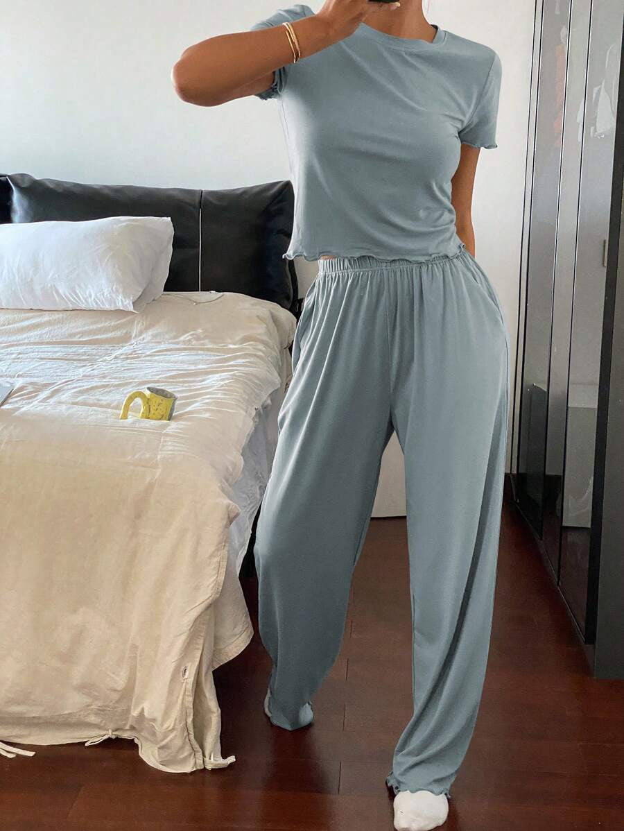 Blue Solid Color Wave Trim Slim-Fit Top And Pants Lounge Set, Simple ...