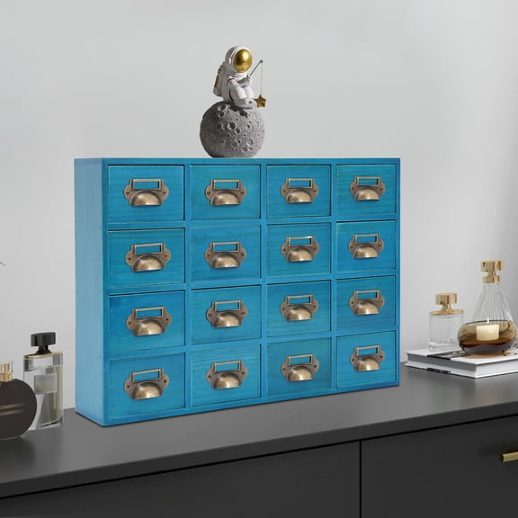 Blue Solid Wood 50x10x35cm 16 Vertical Drawer Storage Box Shell Handle Retro Medicine Cabinet Desktop Storage Organizer