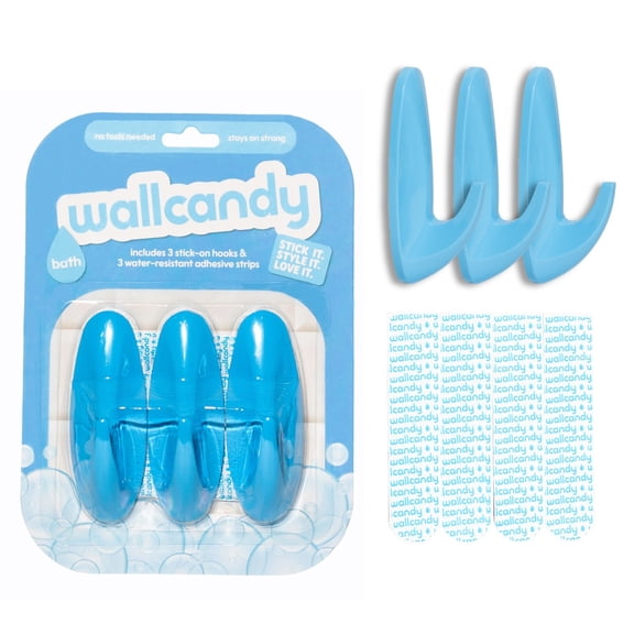 WallCandy Bath Solid Blue Stick-On Wall Hooks with 3m Command Strips | 3 pack