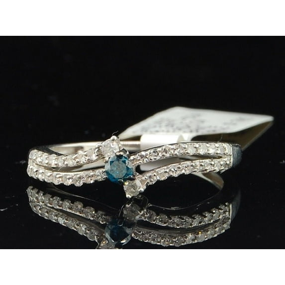 Blue Solitaire Diamond Engagement Ring .925 Sterling Silver Round Cut 0.34 Ct