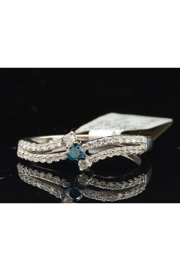 Blue Solitaire Diamond Engagement Ring .925 Sterling Silver Round Cut 0.34 Ct