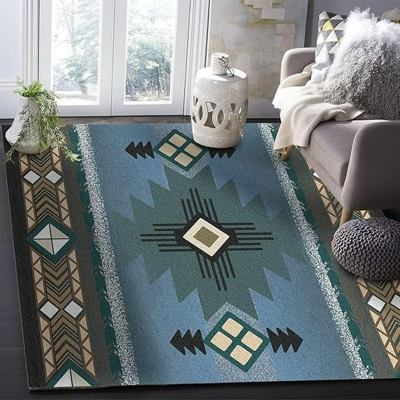 Blue Southwest Area Rug, Modern Geometric Abstract Art Decorative Rug Anti-Slip Large Area Soft Carpet For Living Room Bedroom Dining Room 5 x 8ft
