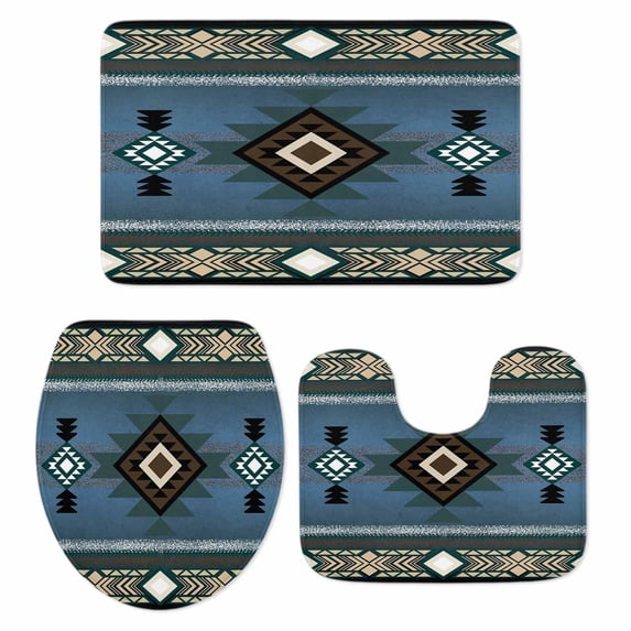Blue Southwest Bath Mat 3 Piece Bathroom Rug Set, Farmhouse Boho Aztec Abstract Geometric Non Slip Bath Rug Contour Mat and Toilet Lid Cover, Absorbent Shower Mats Soft Bath Rugs and Mats Sets