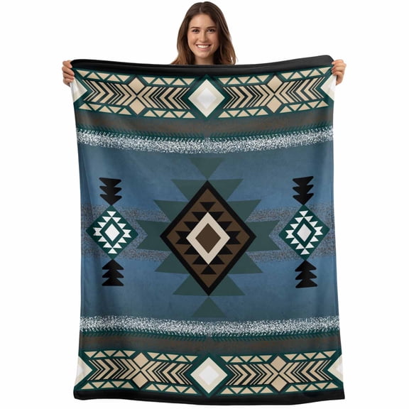 Blue Southwest Blanket Soft Cozy Warm Throw Blanket for Couch, Plush Fuzzy Flannel Fleece Blankets for Sofa, Farmhouse Boho Aztec Abstract Geometric Bed Blankets Lightweight Gifts for Women, 50"x80"