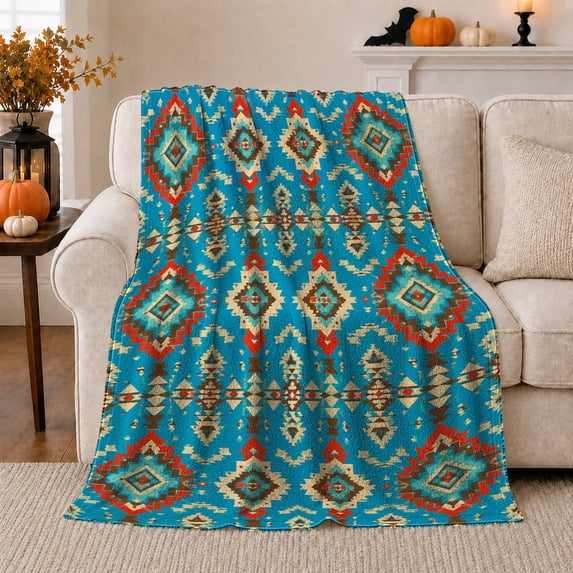 Blue Southwest Diamond Pattern, Energetic Boho Geometric Style for Pattern Lovers, Red Teal Stripe Motif and Housewarming Gift, Cozy Flannel Blanket for Living Room and Dorm, Colorful Home Decor