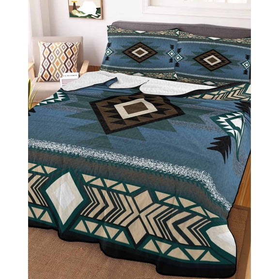 Blue Southwest Full Size Down Alternative Comforter, Lightweight Comforter Quilt Bedding Set with Pillow Shams Farmhouse Boho Aztec Abstract Geometric All Seasons Bed Comforter Duvet Insert 78"x90"