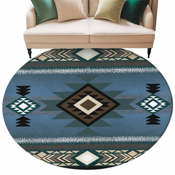Blue Southwest Large Area Rugs for Bedroom Living Room, Soft Non Slip Carpet Bedside Rug, Farmhouse Boho Aztec Abstract Geometric Round Floor Cover Kitchen Accent Rug 7' for Dining Room/Office