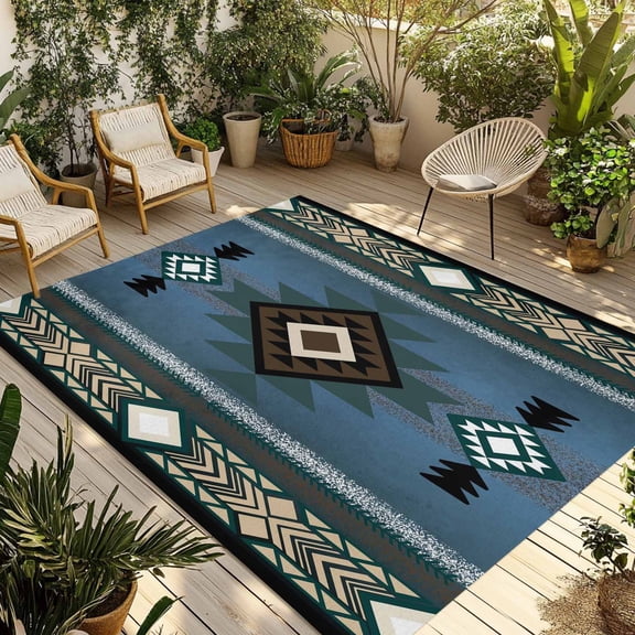 Blue Southwest Outdoor Rug 5x7 Ft - Reversible Patio Rug Outdoor Camping Rugs, Farmhouse Boho Aztec Abstract Geometric Washable Indoor Outdoor Area Rugs, Non-Slip Outdoor Carpet Runner for Deck/Porch