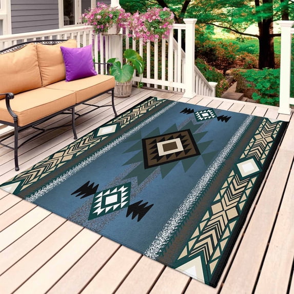 Blue Southwest Outdoor Rug 6x9 Ft, Non Slip Washable Area Rug, Farmhouse Boho Aztec Abstract Geometric Patio Rugs Carpet Runner, Large Floor Mat for Indoor/Outdoor Deck Porch Camping