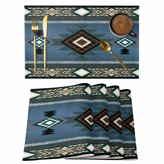 Blue Southwest Placemats Set of 6, Farmhouse Boho Aztec Abstract Geometric Placemats for Dining Table, Place Mats for Kitchen Tabletop, Waterproof Wipeable Dining Table Mats Set