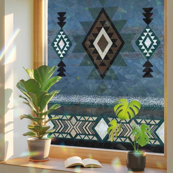 Blue Southwest Privacy Window Film, Decorative Stained Glass Window Film, Farmhouse Boho Aztec Abstract Geometric Resuable Rainbow Static Cling for Home Bathroom Living Room Glass Door 23.6"x59"