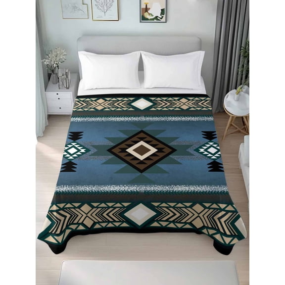 Blue Southwest Queen Size Flat Sheet, Wrinkleproof & Fadeproof Cooling Flat Bed Sheet Only, Farmhouse Boho Aztec Abstract Geometric Breathable Soft Bedding Top Sheets 90 x 102 Inches