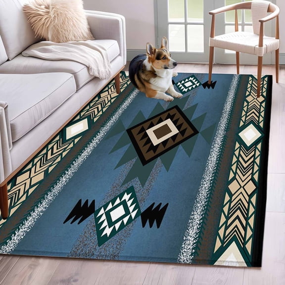 Blue Southwest Runner Rug 2.7x5 FT, Non Slip Entryway Carpet, Farmhouse Boho Aztec Abstract Geometric Washable Soft Floor Carpet Entrance Mat Non-Shedding Throw Rug for Hallway Laundry Room Bedside